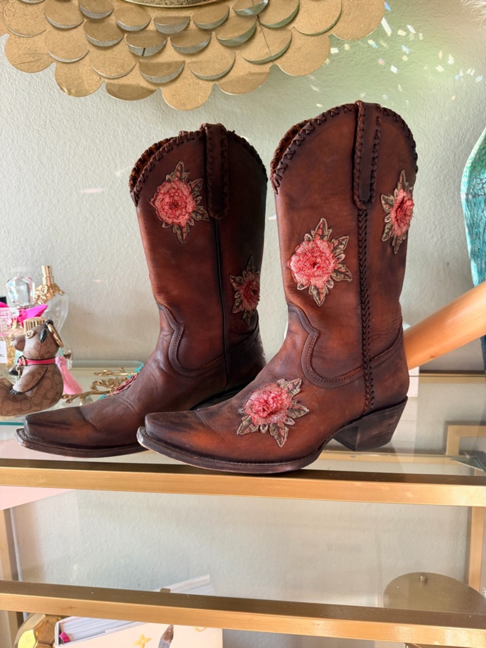 Shyanne Women's Brown Leather Lace-Up Western Boots with Pink Floral Embroidery